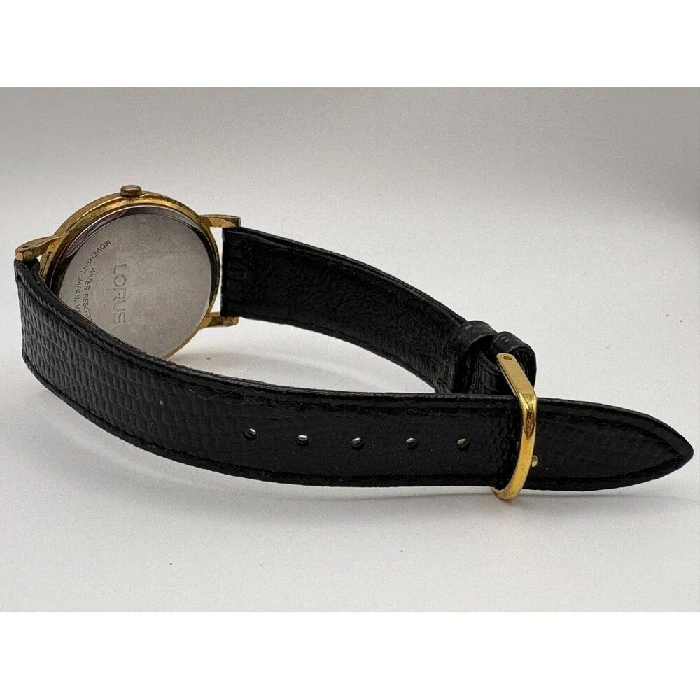 Lorus Men's Watch Blue Dial Date Gold-Tone Case Black Leather Strap VX32-X193